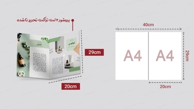 قالب طراحی و سایز واقعی و باز شده بروشور 2 لت تحریر سایز A4